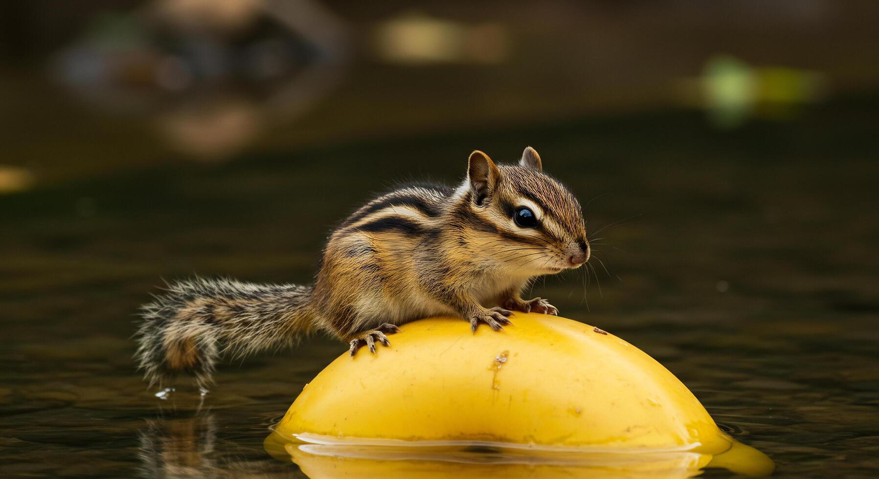 Adorable Chipmunk Perches Carefully On A Yellow Fruit Floating Gently In Dark Water photo