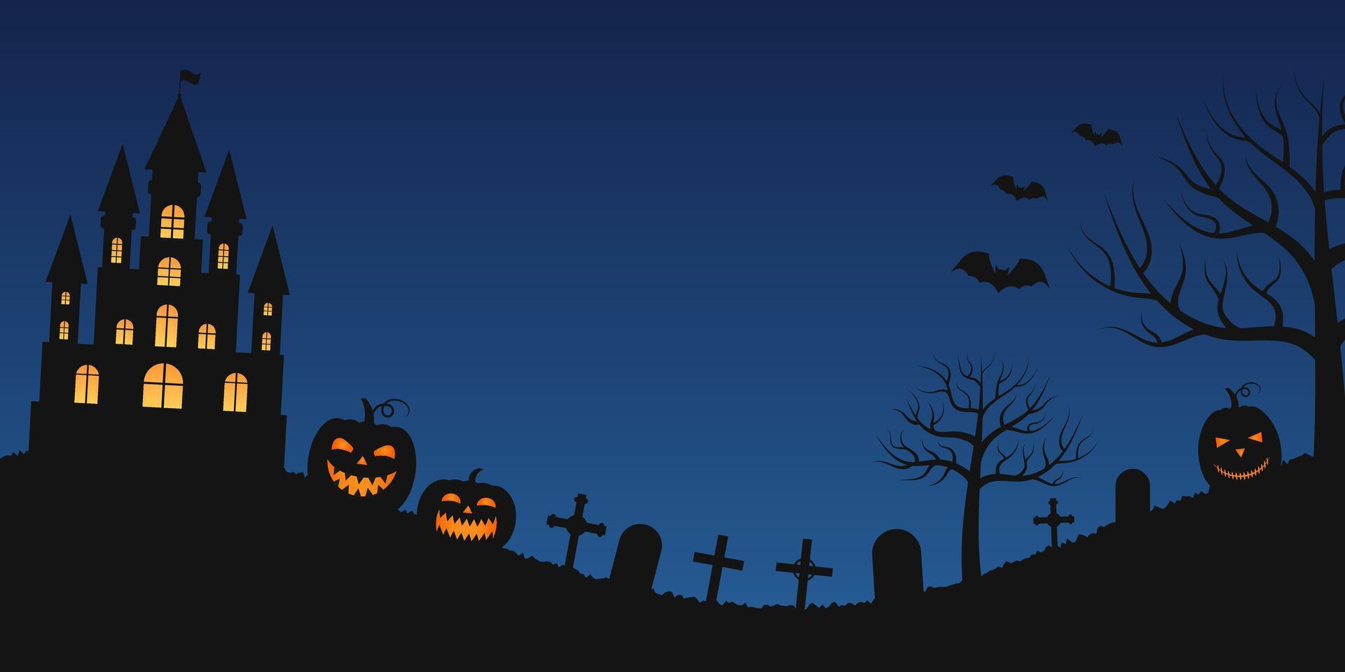 Scary Halloween night illustration with haunted house, cemetery and pumpkins. Poster with empty space for text. vector