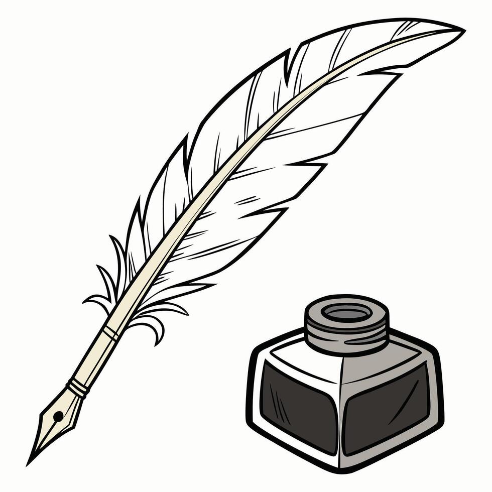 Feather pen and inkwell writing tools on white background vector