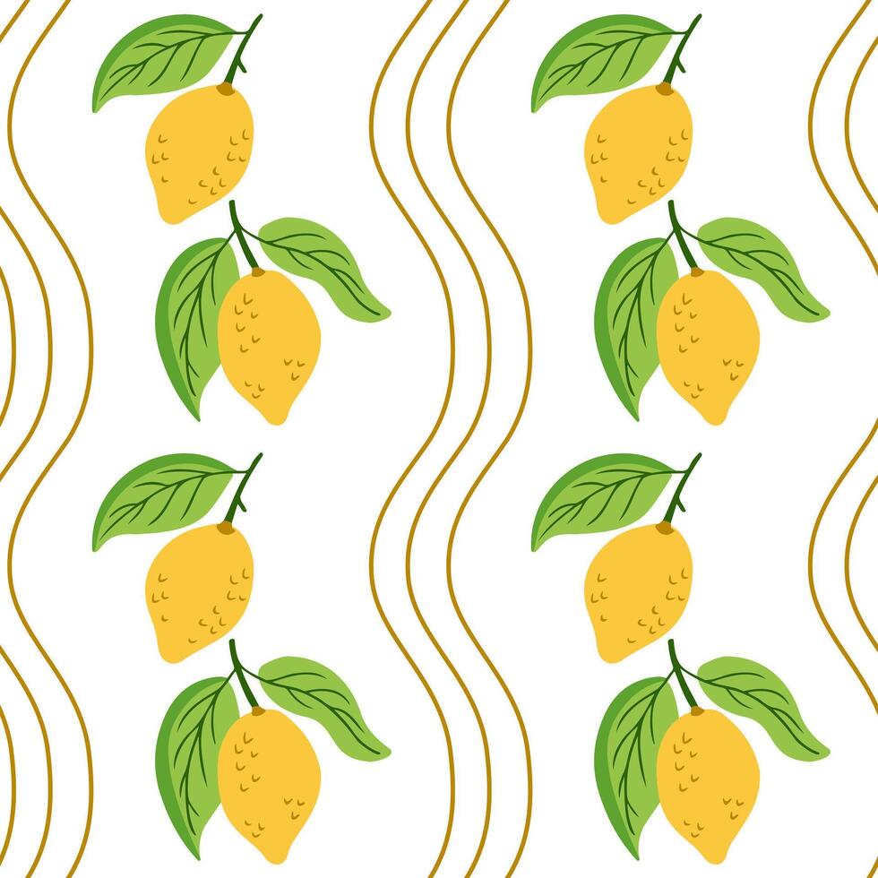 Seamless pattern of hand drawn lemons with green leaves and wavy golden lines on a white background. This represents freshness, summer vibes, and natural fruit design. vector