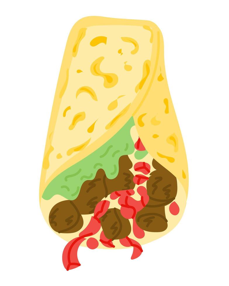 Flat style illustration of a burrito filled with meat, salsa and guacamole wrapped in a tortilla. Represents the concept of Mexican cuisine, fast food, flavor and street food culture vector