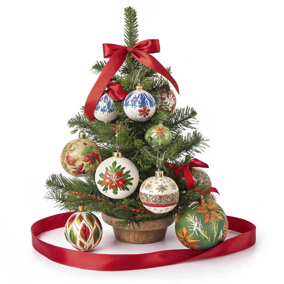 A christmas tree with ornaments and a red ribbon photo