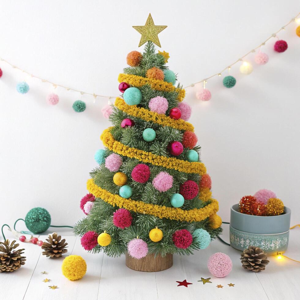 A christmas tree with pom poms and other decorations photo