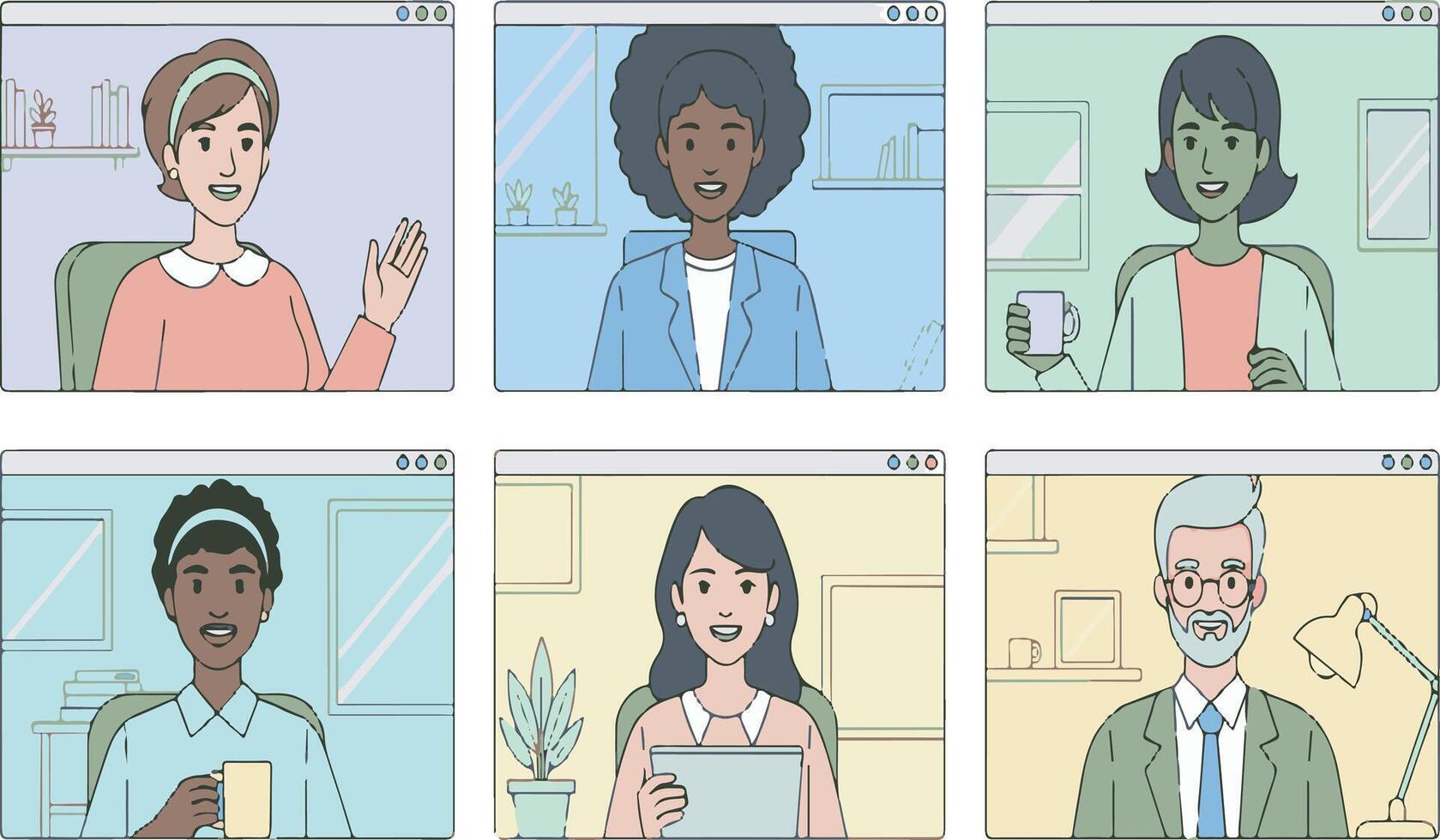 Diverse Group of People in Online Conference. Illustration representing remote communication, online meetings, virtual teamwork, and digital collaboration. vector