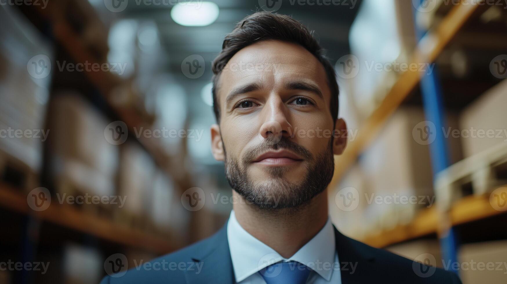 Bearded businessman in industrial warehouse portrait image. Caucasian entrepreneur controlling distribution facility photography human scene. Business concept photo-realistic photo
