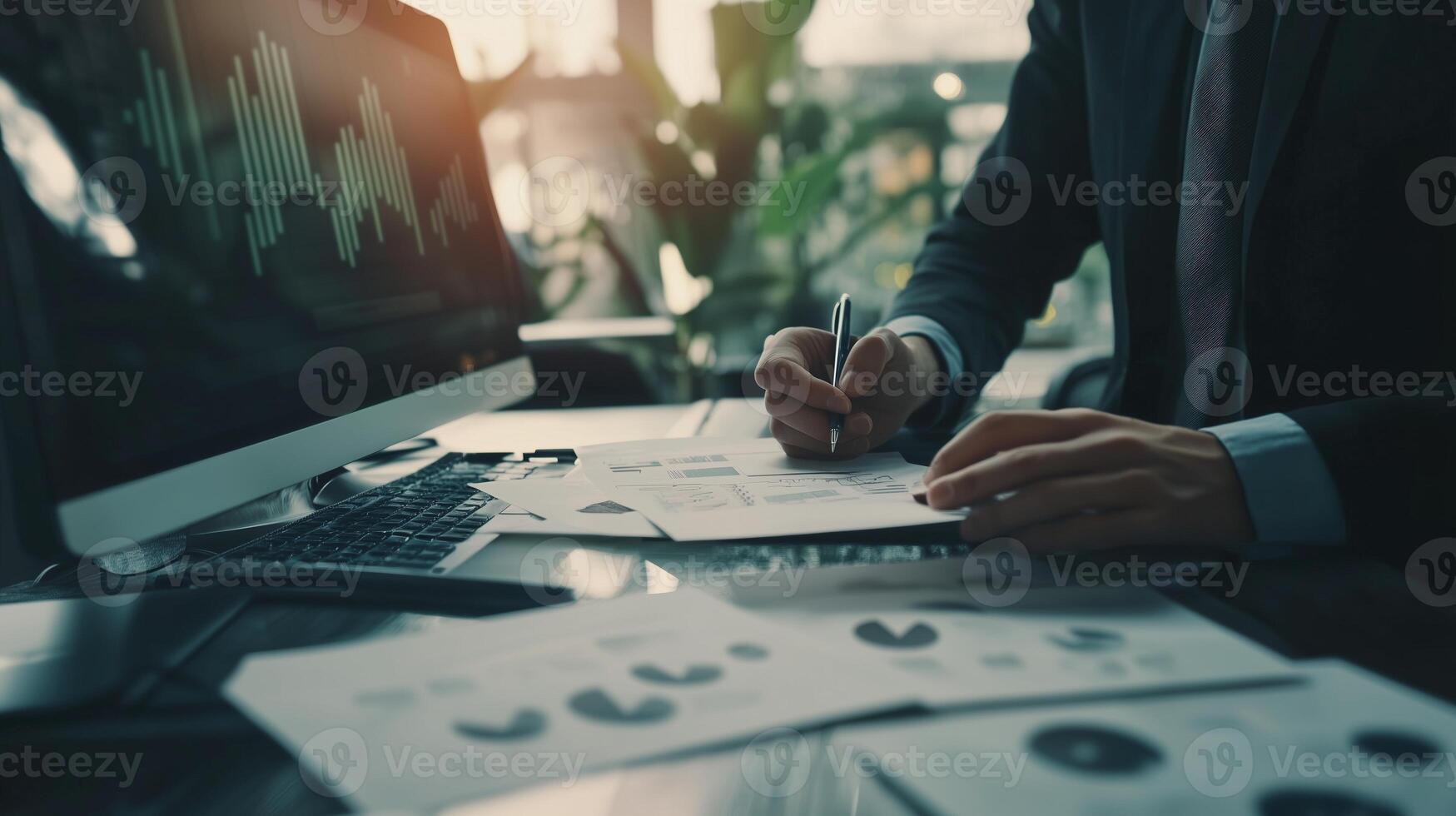 Man manager analyzing market trends with computer and charts image closeup. Analyst processing data of corporate performance close-up photography. Business concept photo realistic