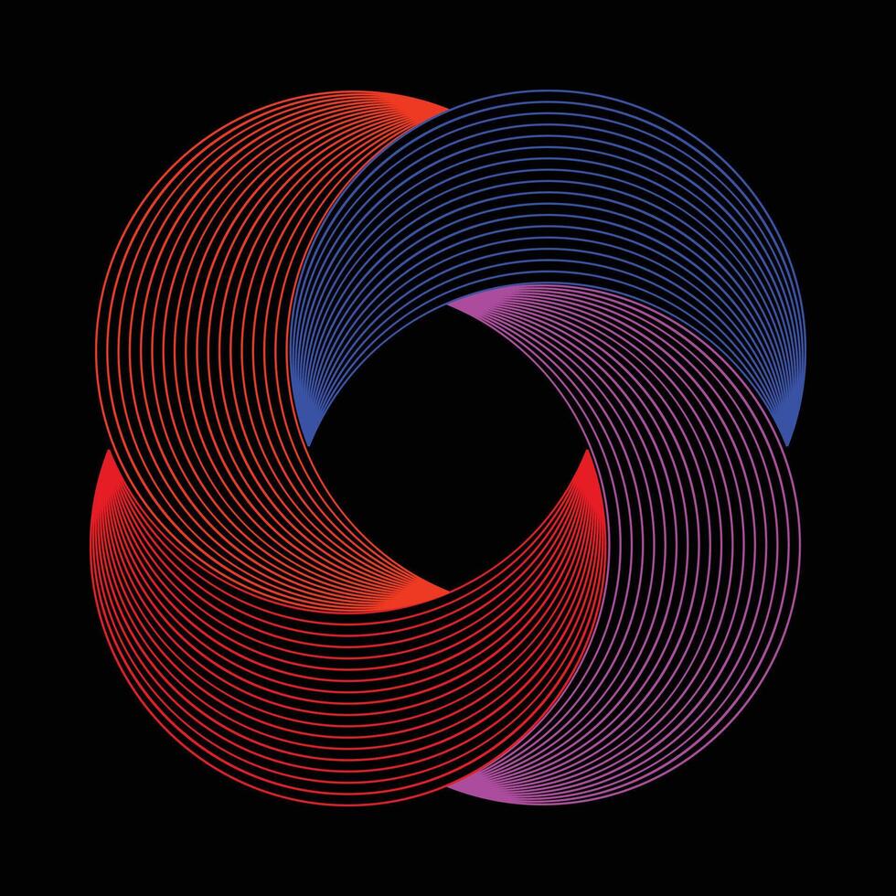 A mesmerizing abstract design featuring interlocking spiral curves in vibrant red, blue, and purple hues on a black background, forming a hypnotic vortex pattern. vector