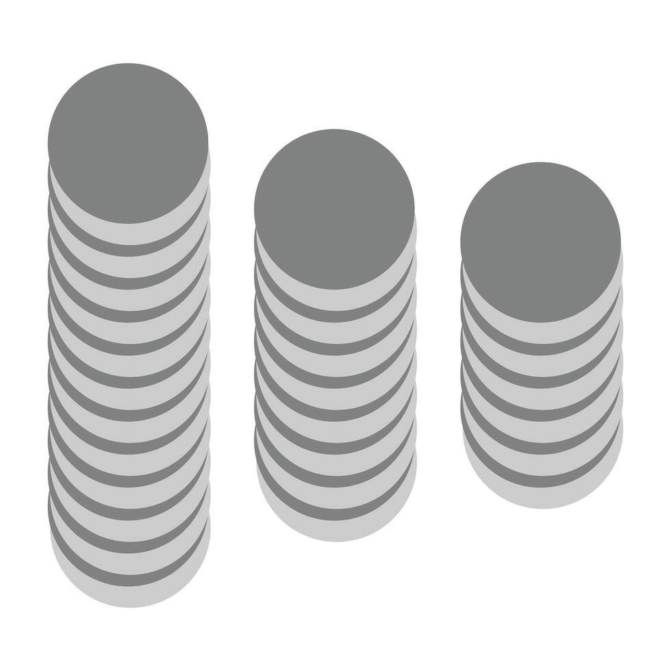 A grayscale optical illusion design featuring three vertical stacks of flat circular disks, creating a 3D cylindrical effect through shadow and alignment on a white background. vector