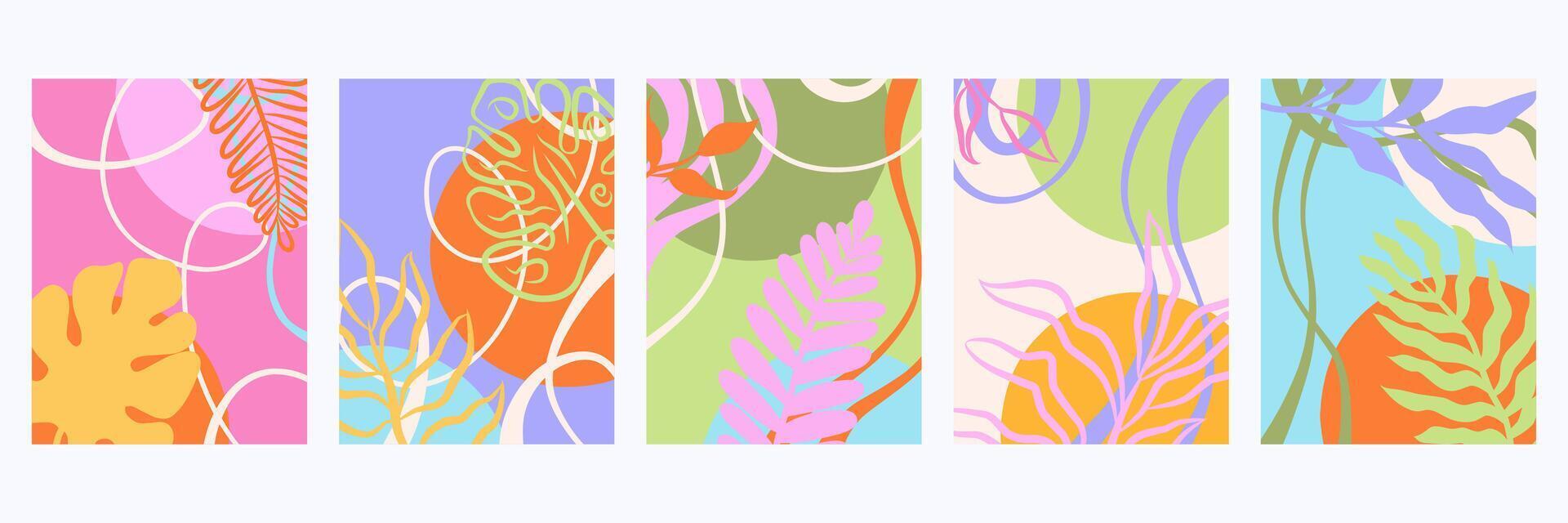 Set of abstract banners with tropical leaves, doodle elements. vector