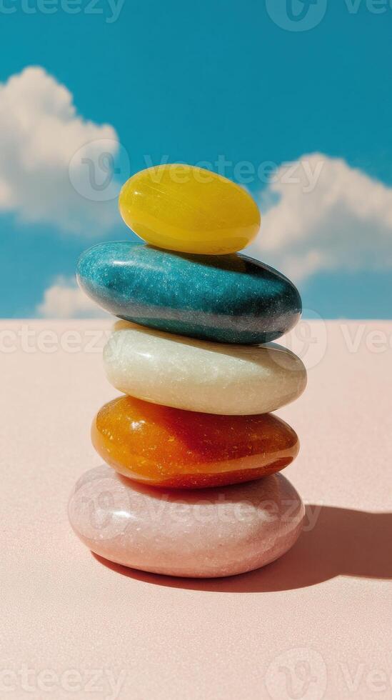 Stacked Colorful Polished Stones Against a Blue Sky Background Representing Balance Harmony and Mindfulness photo