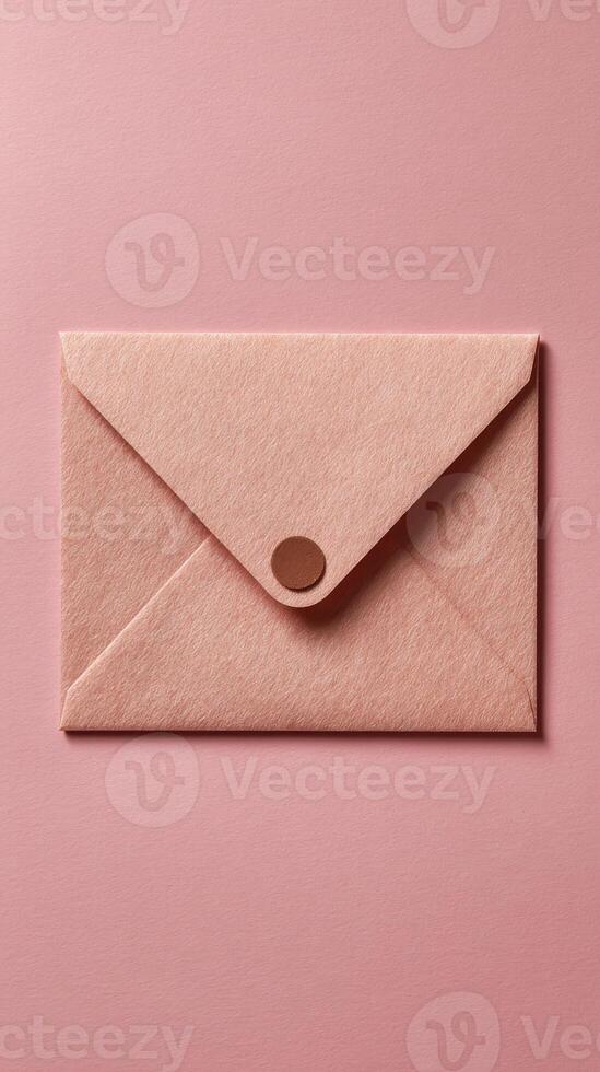 Elegant Pink Felt Envelope with a Brown Button on a Matching Pink Background Top View photo