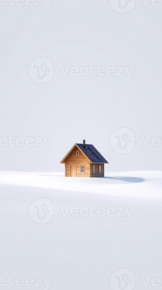 Isolated Wooden Cabin in a Vast Snowfield Minimalist Winter Landscape Serene and Peaceful Rural Scene Copy Space photo