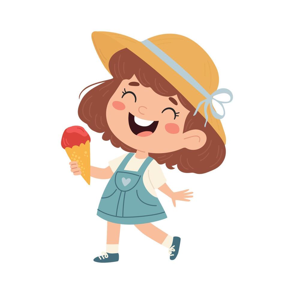 Cute happy girl with ice cream. Summer holidays, joy, relaxation. Cartoon illustration vector