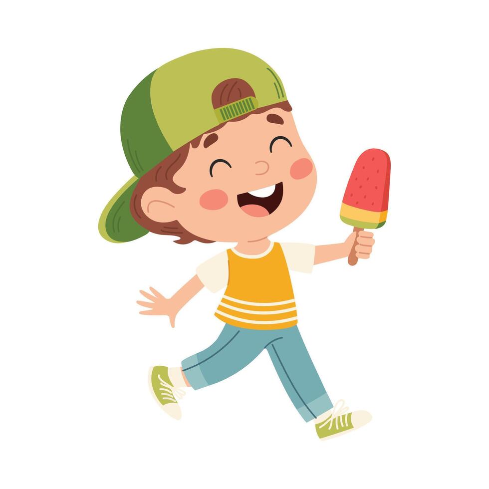 Cute happy boy with ice cream. Summer holidays, joy, relaxation. Cartoon illustration on white background vector