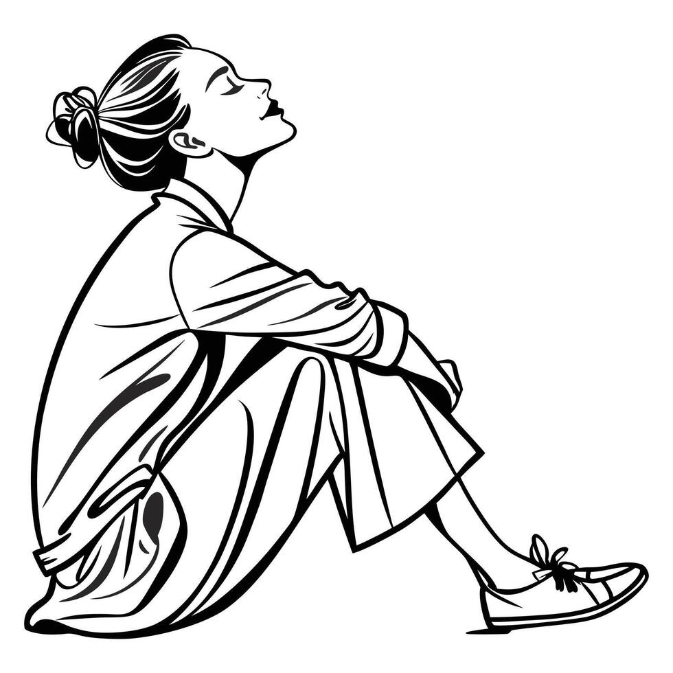 Woman sitting with eyes closed relaxed peaceful vector