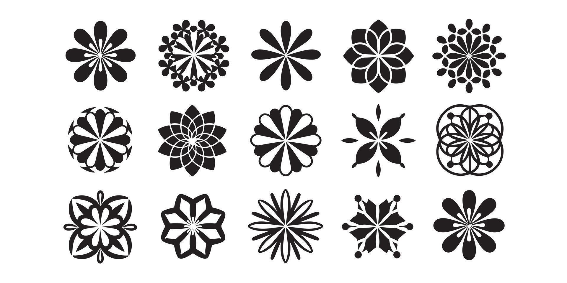 Set of Decorative Floral Pattern Icons in Silhouette vector