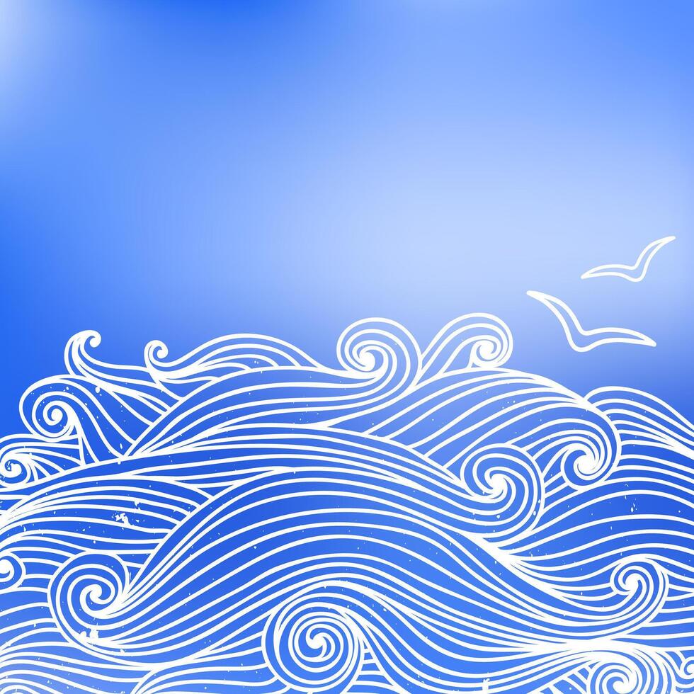 Summer background with sea waves and seagulls. Greeting card, invitation with doodle curly waves. Spring, summer poster, illustration. vector