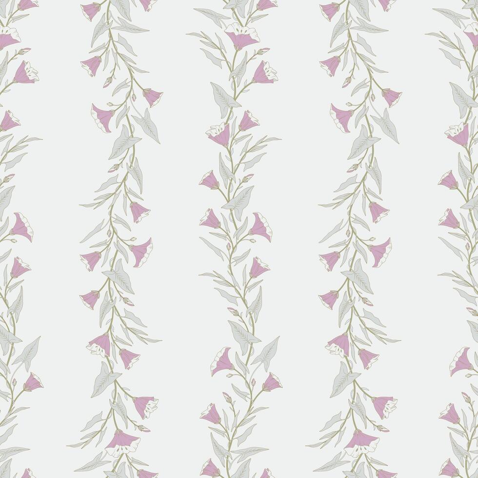 Seamless pattern with branches of convolvulus plant, its flowers and leaves. Template with morning glory wildflowers for fashion prints. Light blue background illustration vector