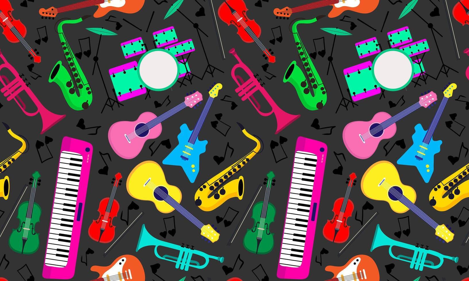 Colorful musical instruments on dark background vector