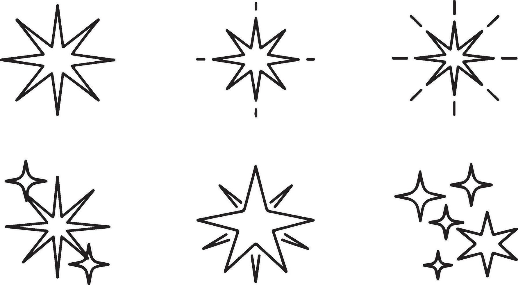 Twinkle star light icon set. Star twinkle glitter spark outline shine icon set. Hand drawn sketch doodle vector