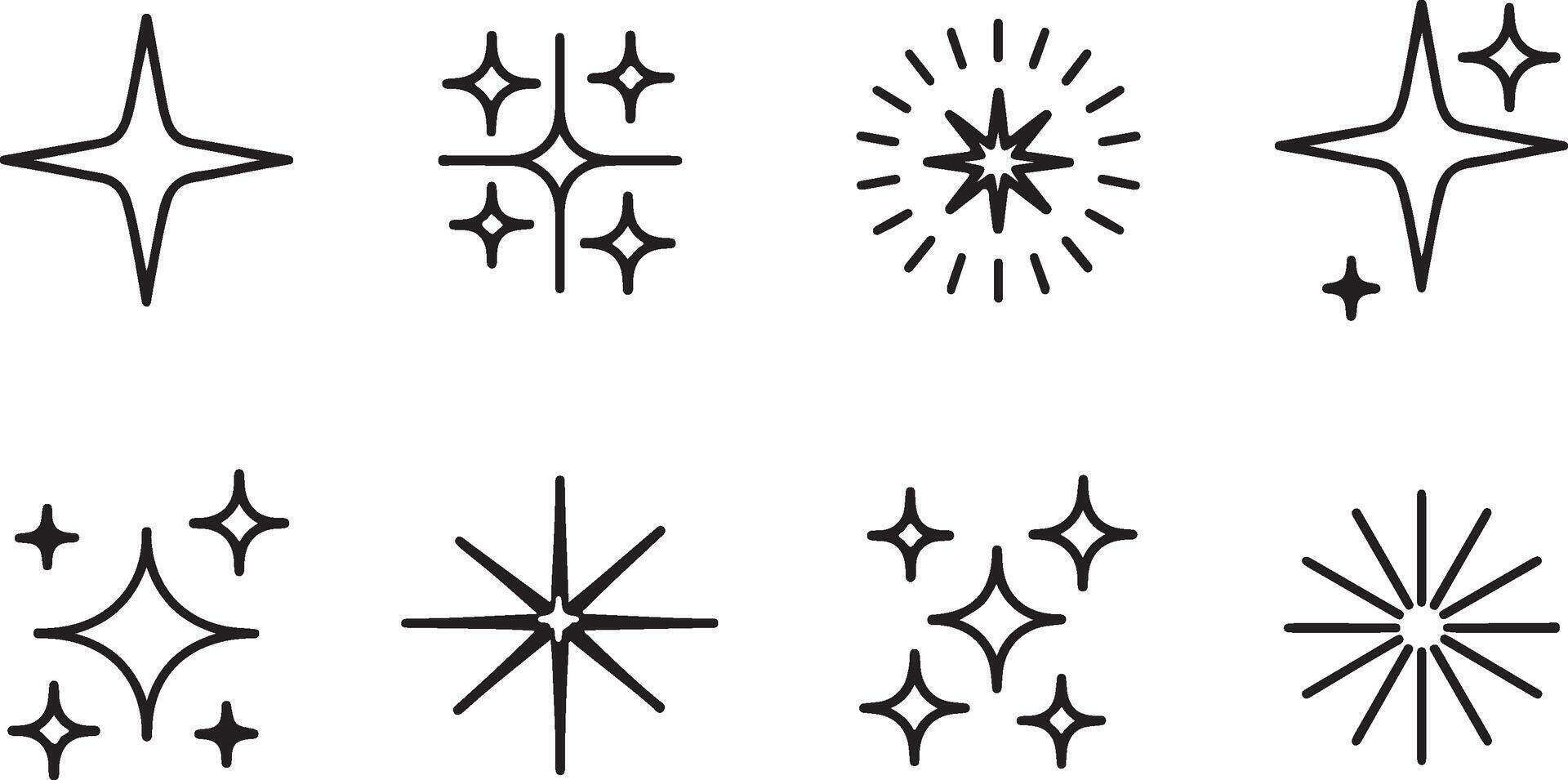 Twinkle star light icon set. Star twinkle glitter sparks outline shine icon set vector