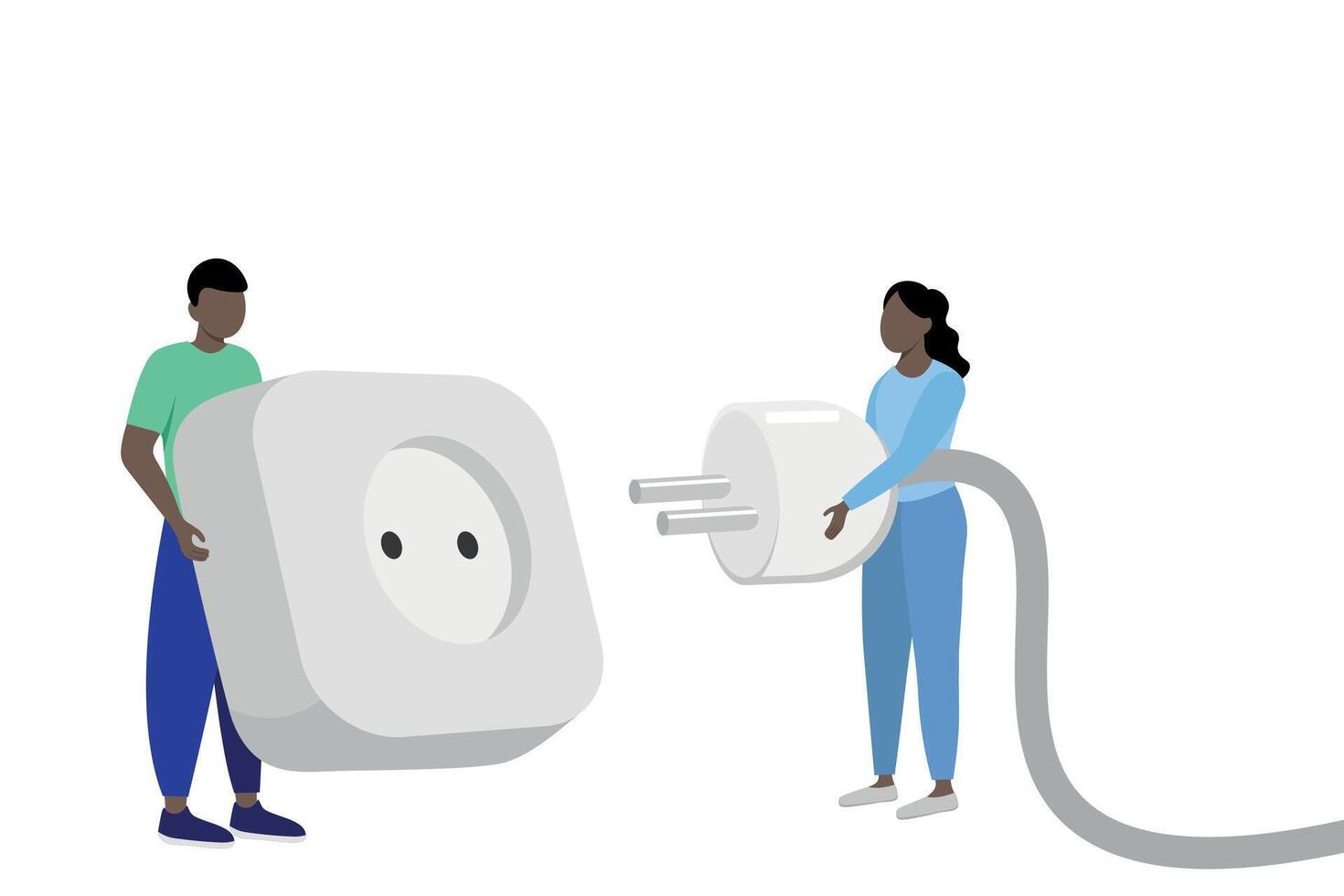 The guy holds a huge socket in his hands and the girl holds a plug, flat style, minimalism, isolate on white, compatibility test vector