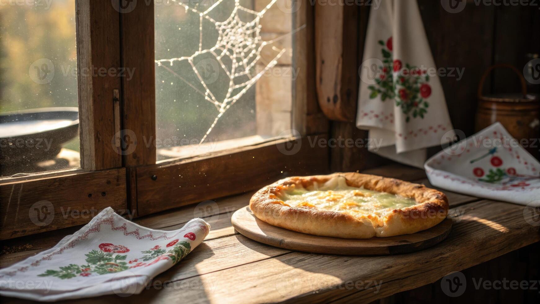 Golden, baked khachapuri, a Georgian cheese bread, is ready to be enjoyed on a wooden table. photo
