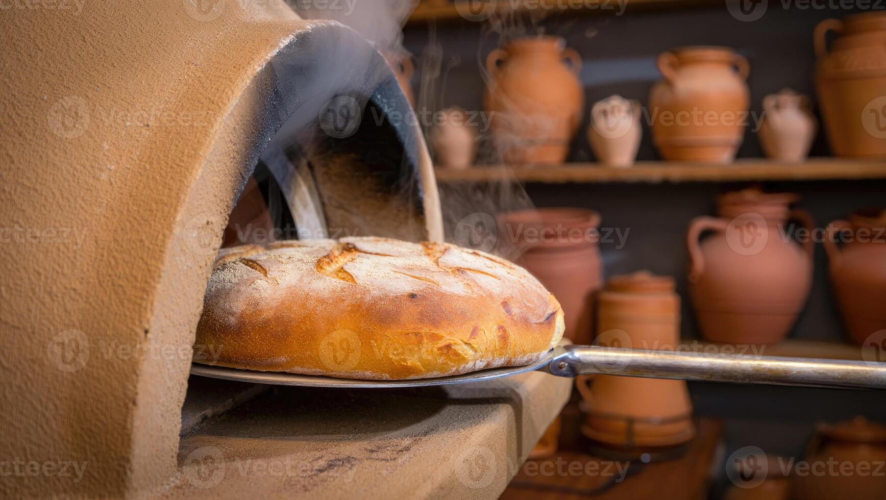 A freshly baked Georgian bread is coming out of the oven, perfect for the local cuisine. photo