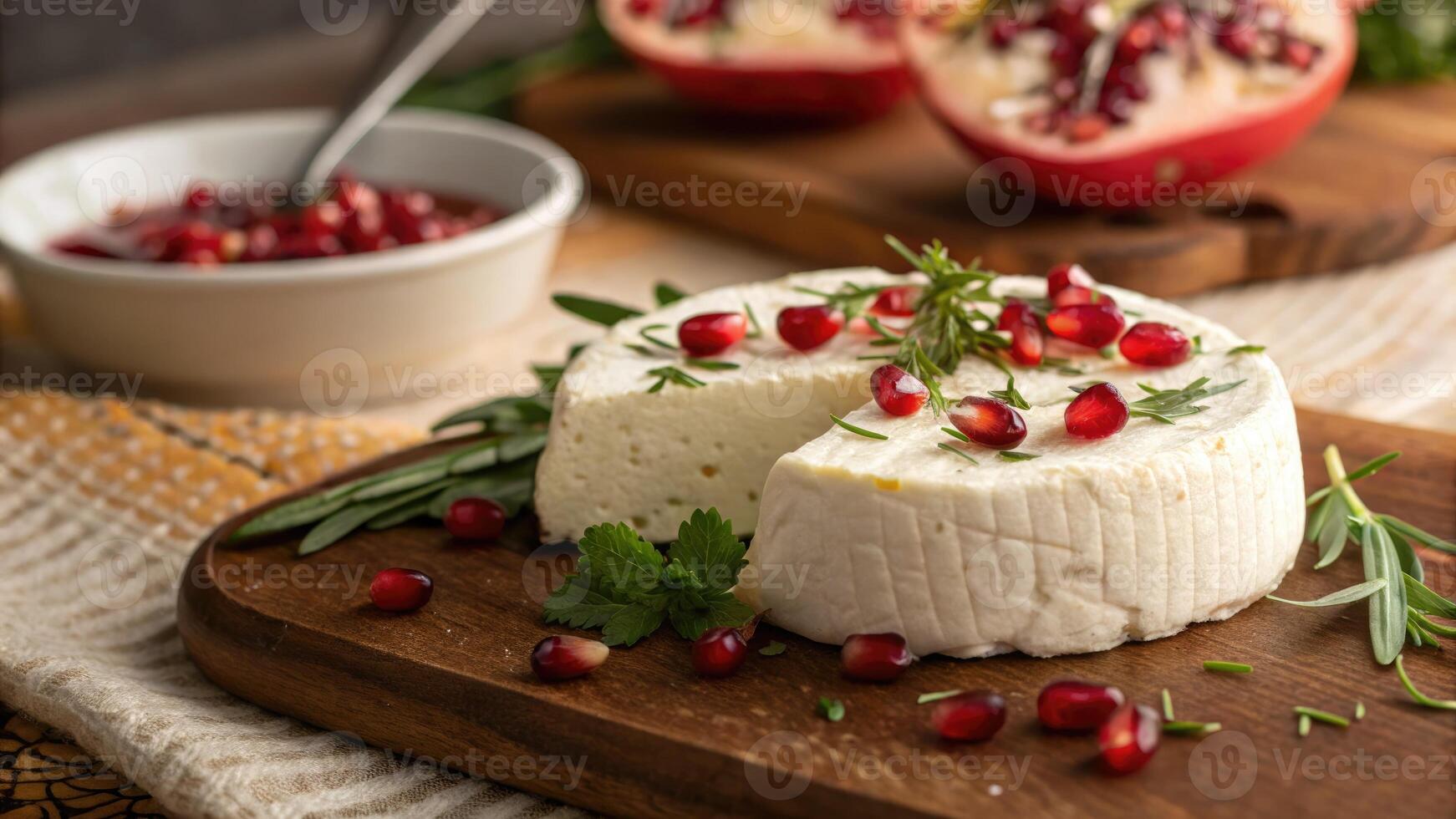 A beautiful plate of Georgian cheese, adorned with pomegranate and herbs, ready to be enjoyed. photo