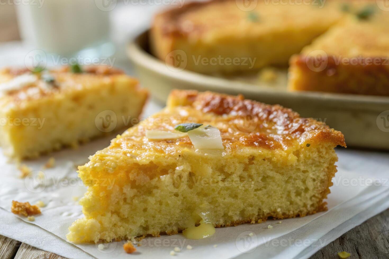 A close up shot of a Georgian cake slice, showcasing its rich, golden textures and flavors. photo