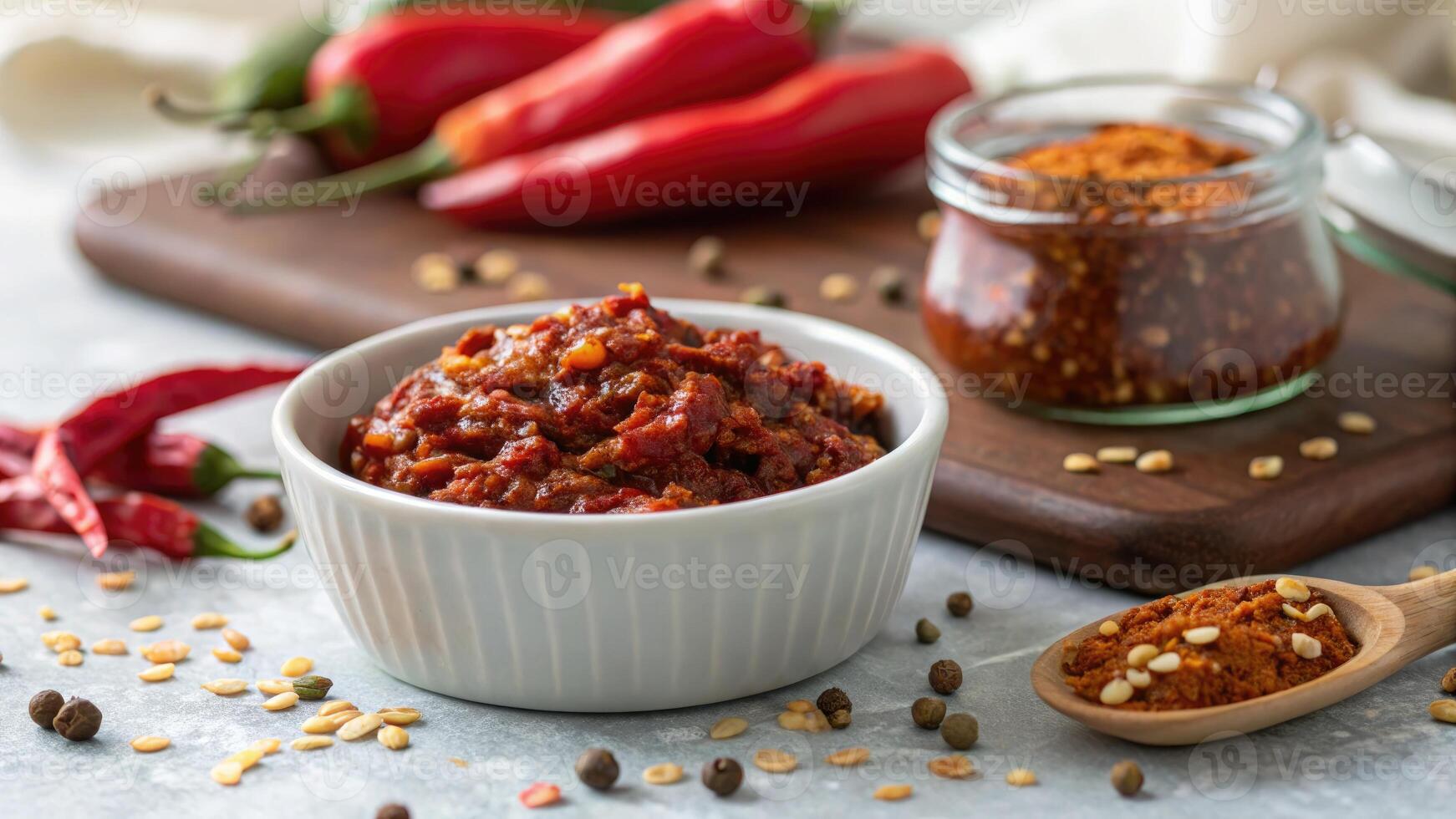 Close up shot of delicious Georgian ajika sauce with red chili peppers and spices photo