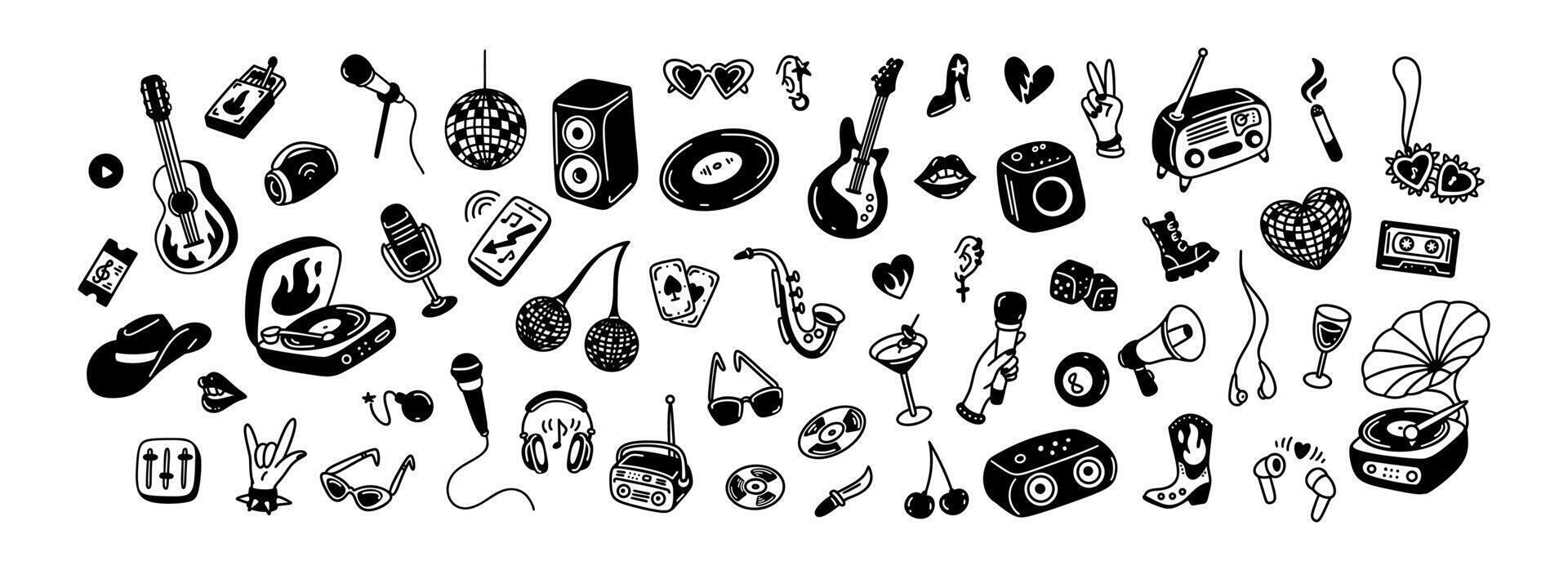 Set of retro music design elements. Punk rock doodle grunge background. Emo goth poster. Girly bachelorette retro party, karaoke, disco club, jazz festival poster. Whimsical hand drawn illustration vector