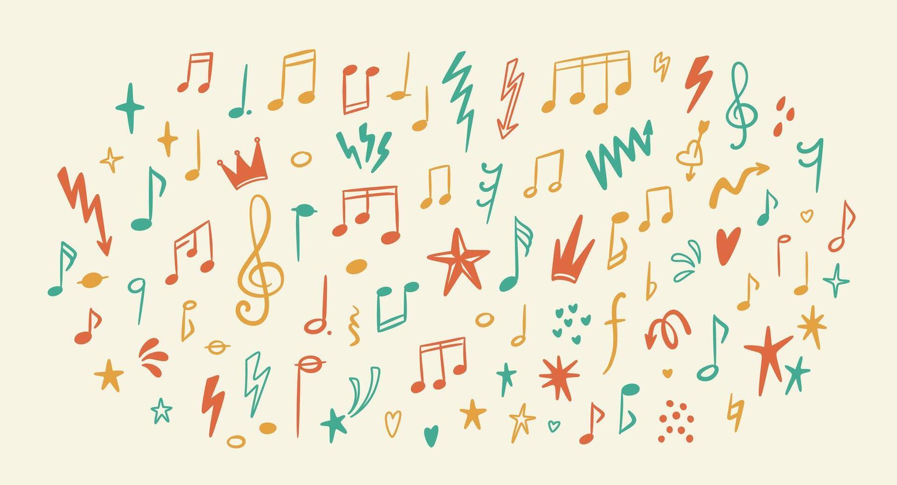 Colorful cute kid music school doodle background. Notes, keys, symbols, treble clef. Funky punk rock poster. Handwritten lightning, heart, star, twinkle, bling, glitter and confetti scribbles vector