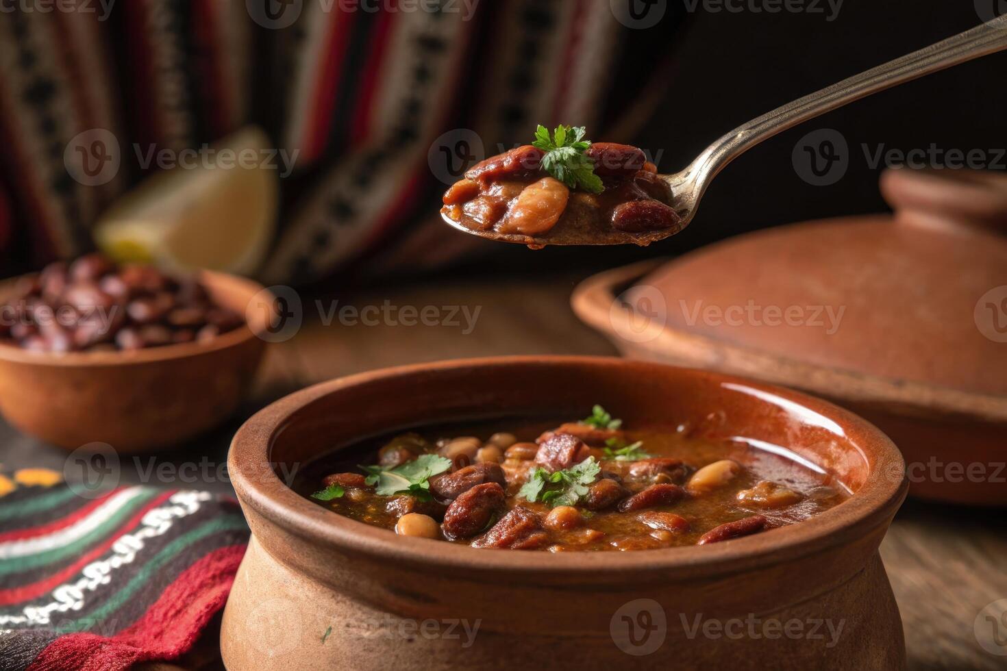 Close up of Lobio, a savory Georgian bean soup, ready to be served in a rustic setting. photo