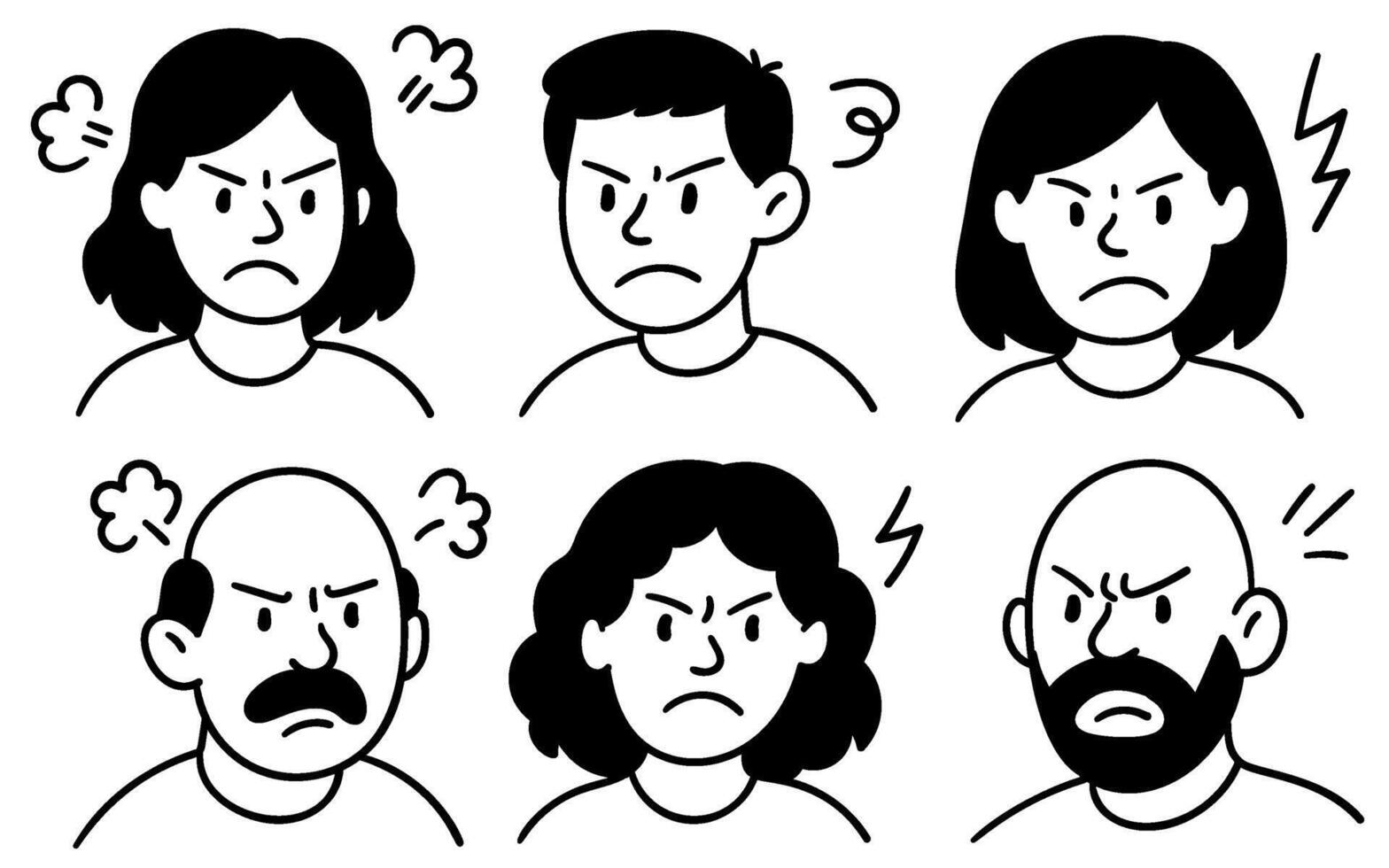 Set of angry doodle faces showing frustration and rage emotions in hand drawn cartoon style vector