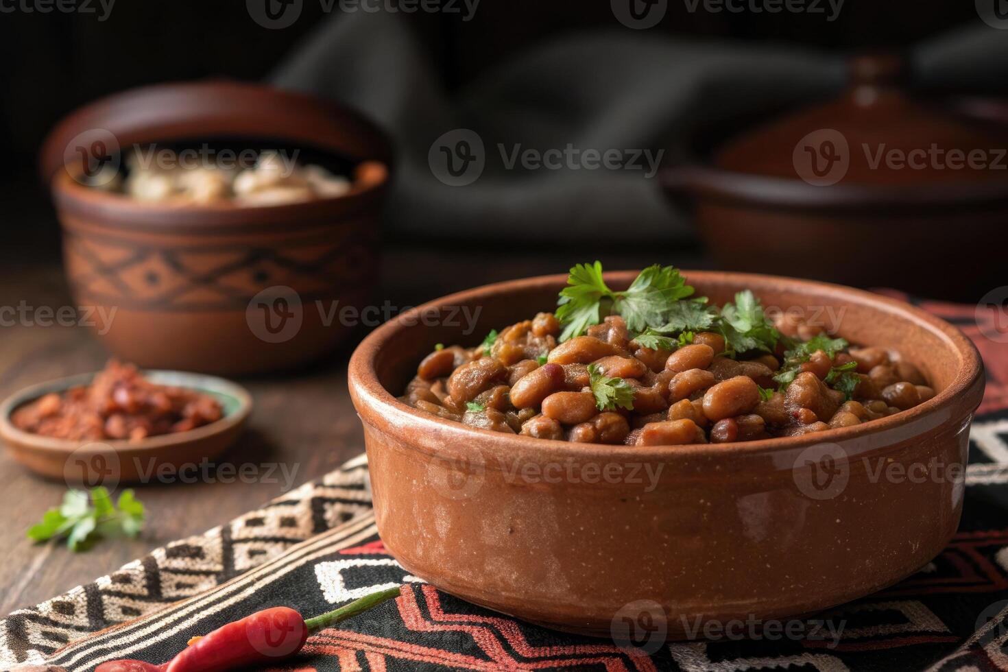 A close up of Lobio, a popular Georgian bean stew, with fresh parsley garnish. photo