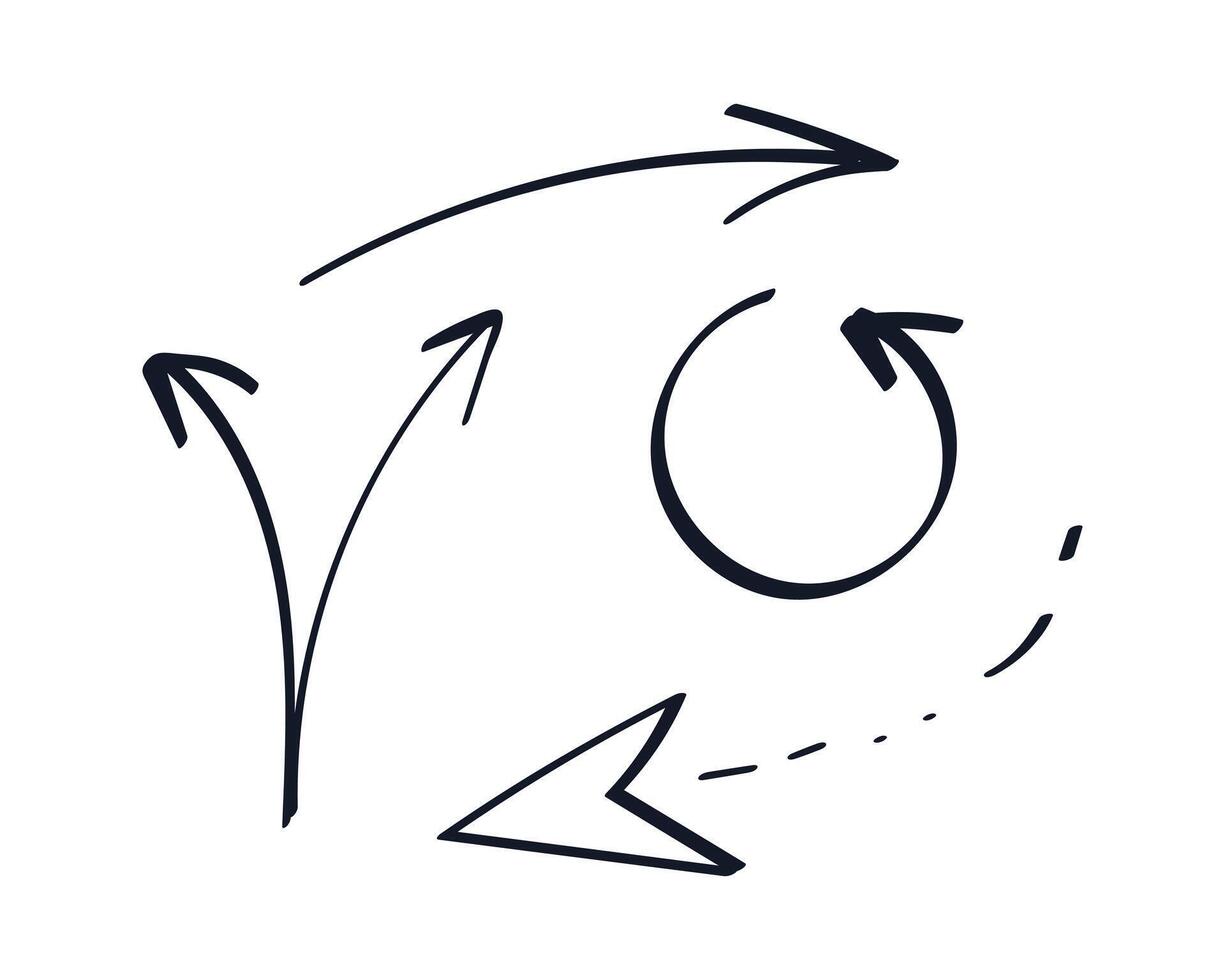 Set of Arrows drawn with marker. Curved, circular, dotted and branched Directions. Circulation. Linear Refresh icon. Forked. Collection of sketches for notes, infographics. illustration. vector