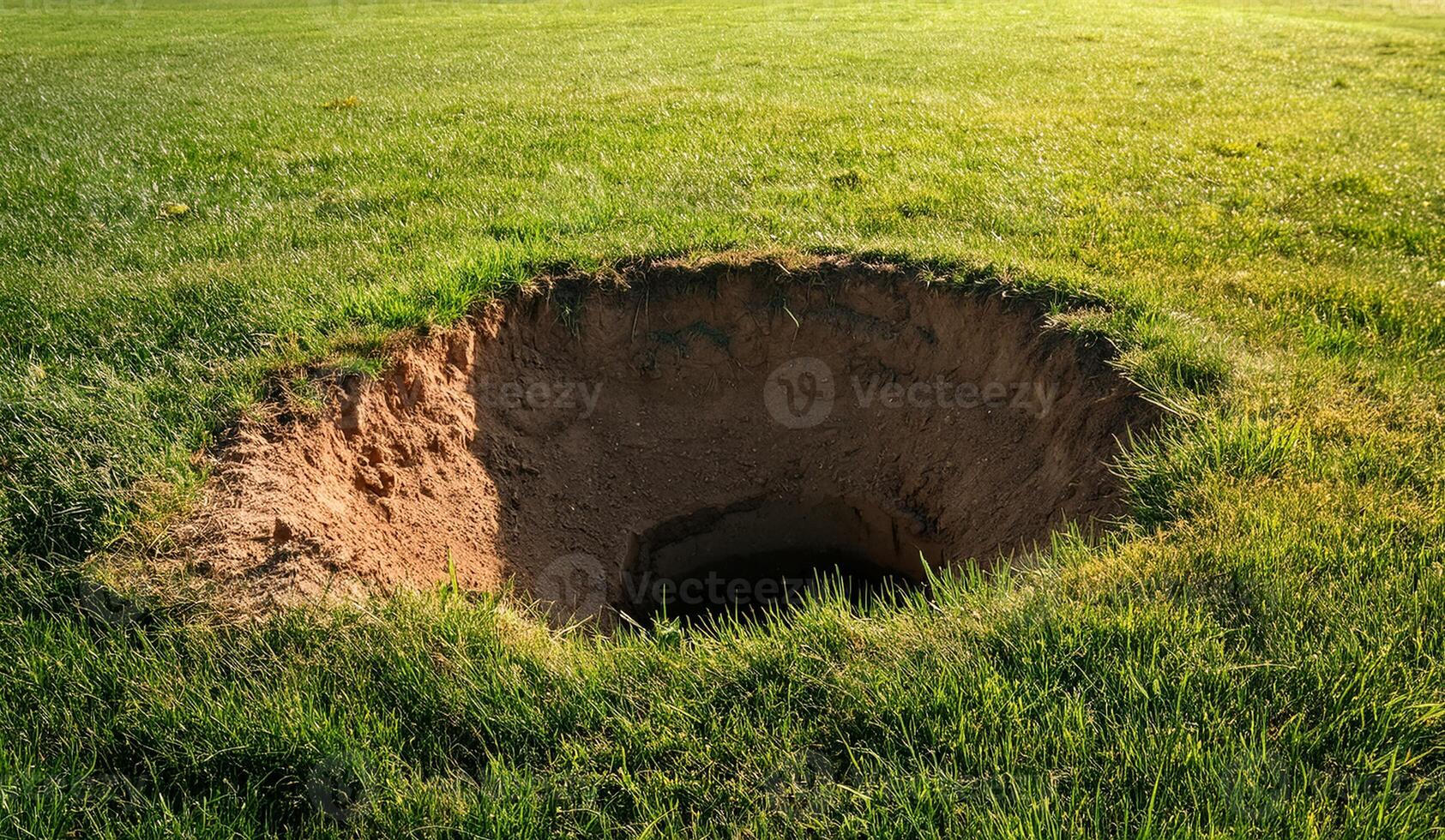 Earthquake hole in the grass photo