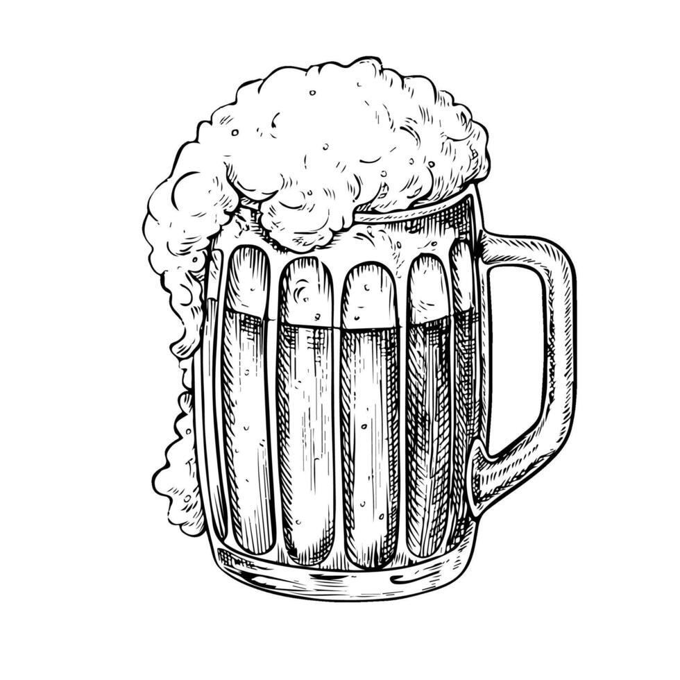 Beer glass mug with beer and foam. , black and white graphic illustration. Hand-drawn design element highlighted on a white background. For menus, pubs or restaurants, labels or posters. vector