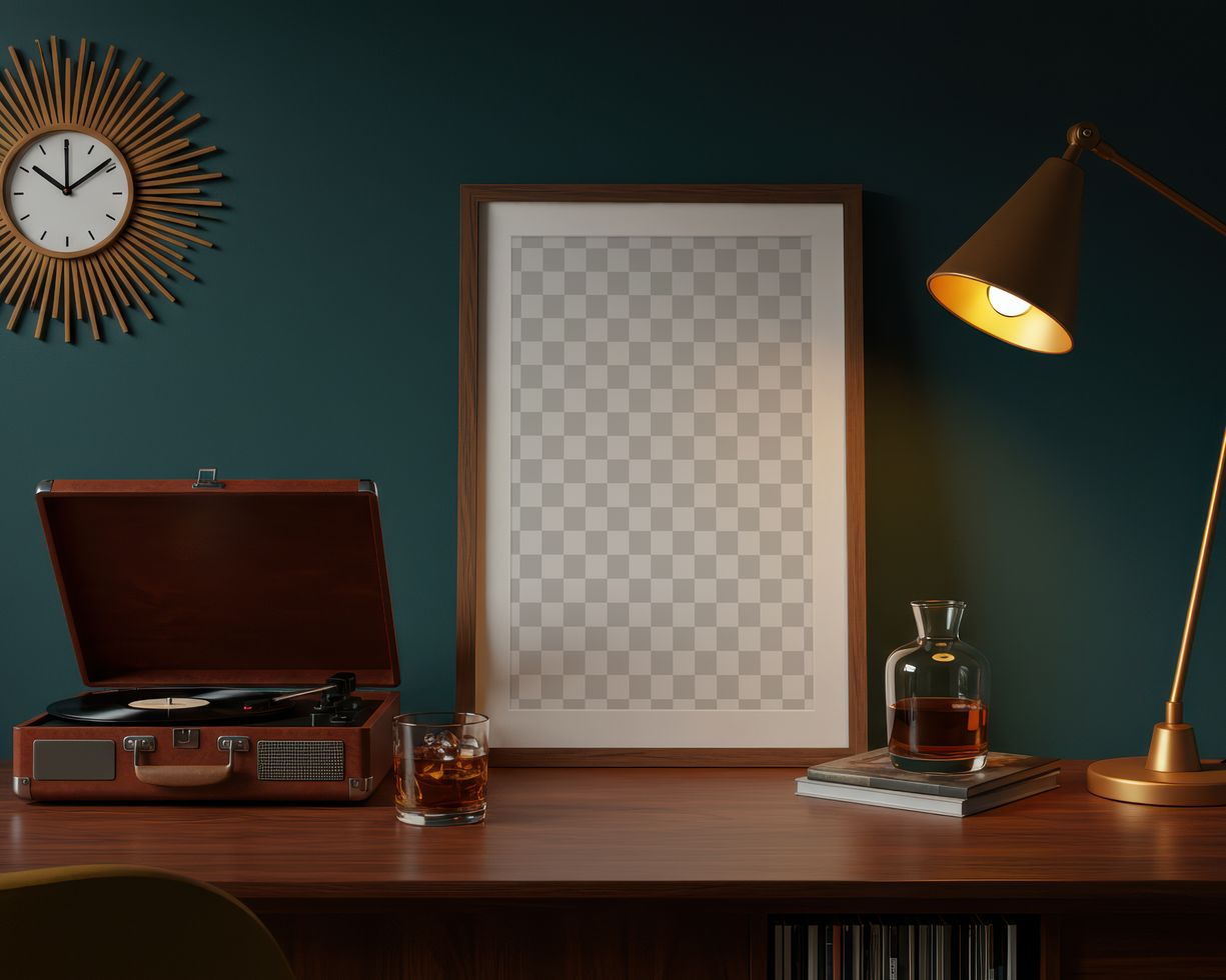 Retro Frame Mockup for Wall Art Poster, A1 A2 A3 A4 Vertical Poster Mockup, Vintage Desk, Record Player, Sunburst Clock, Retro Decor psd