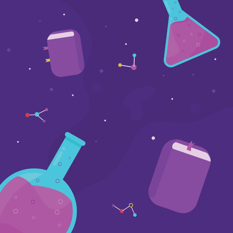 Purple backdrop shows books beakers molecule symbols science theme design clearly. vector