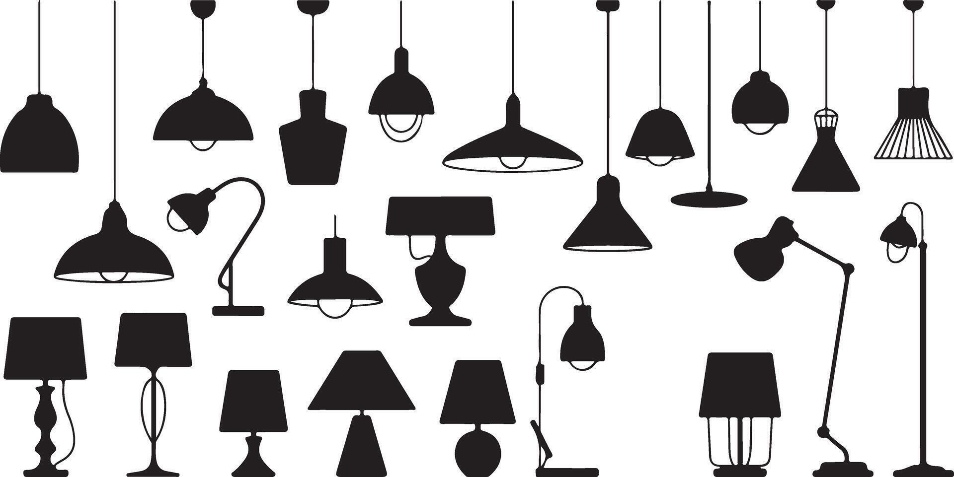 Black Silhouettes of Various Lamps and Lighting Fixtures on White Background vector