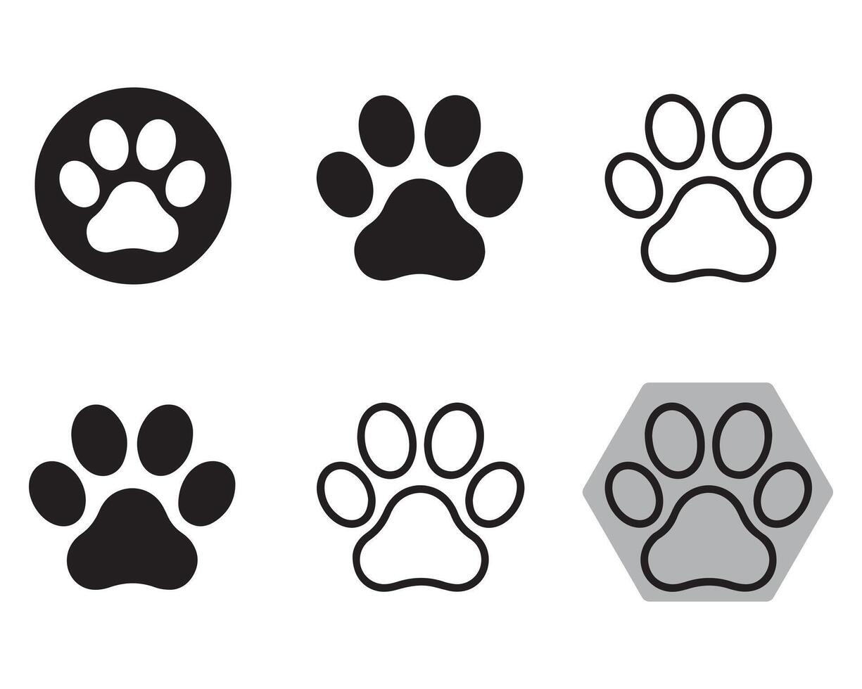 Black Paw Print Icons in Circle Solid Outline and Hexagon Shapes vector