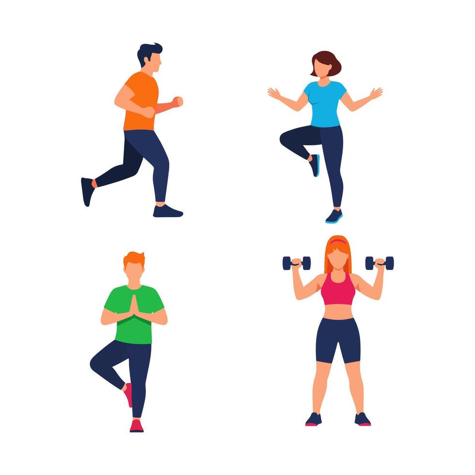 Four people doing different exercises in different poses vector