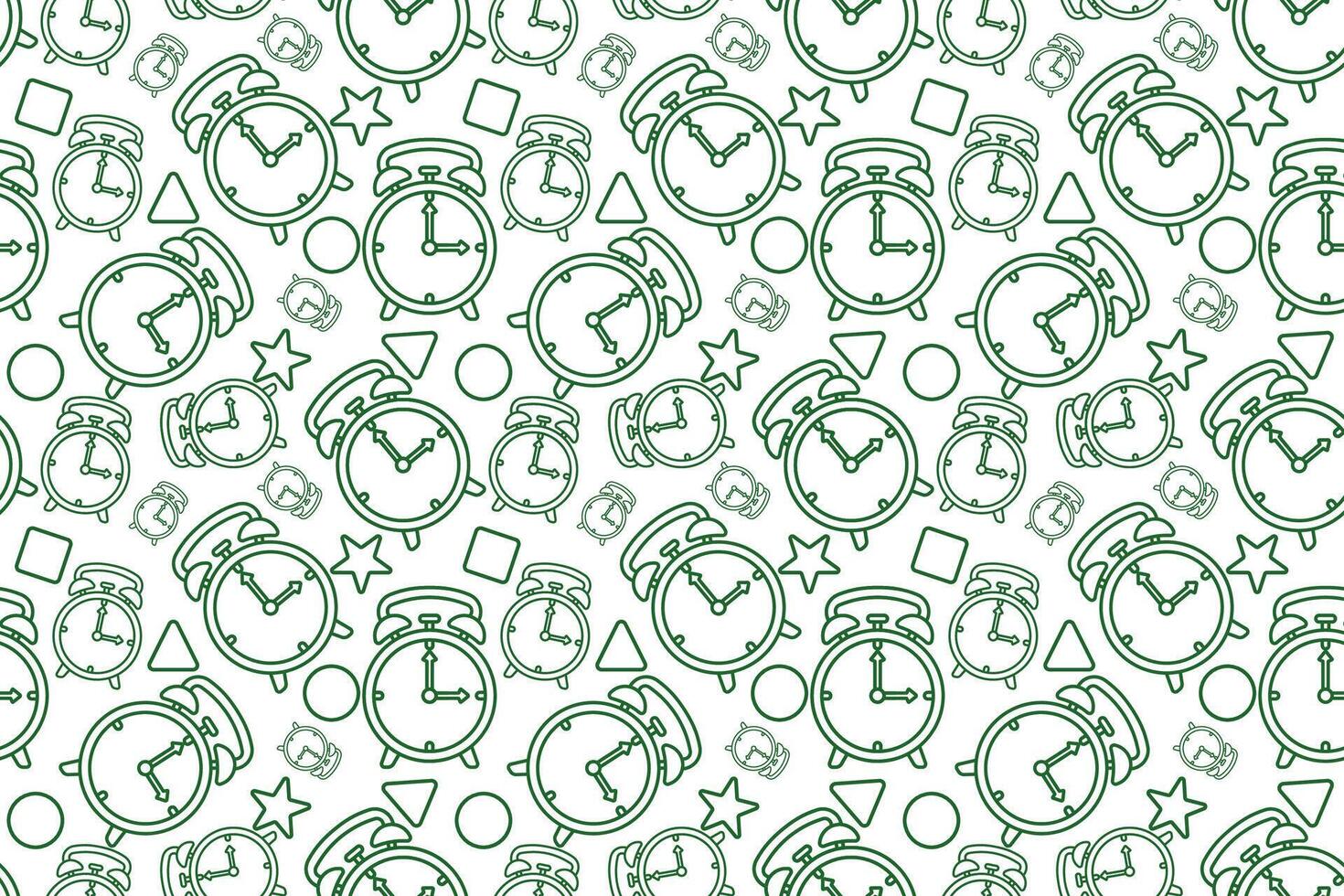 A green and white pattern with clocks and other objects vector