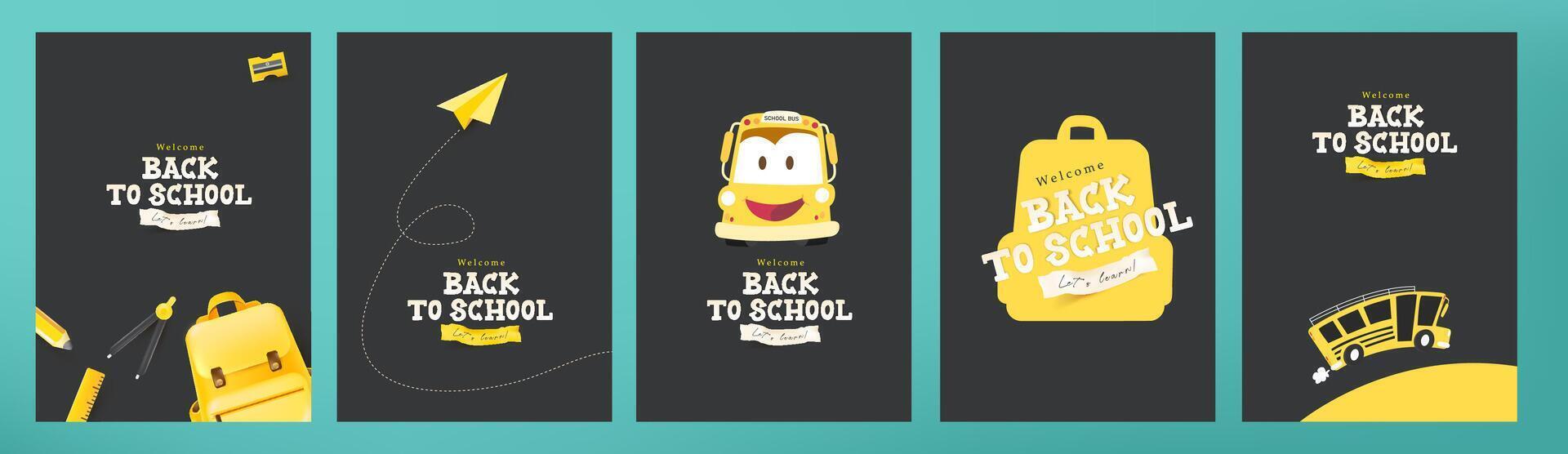 Set of back to school posters with cute playful typography and school-themed graphics on dark background for education and commercial use vector