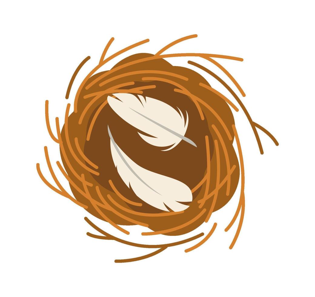 Bird nest of small twigs with feathers flat icon vector