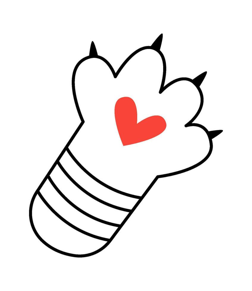 Cute cat paw with heart contemporary line art element Flat Illustration vector