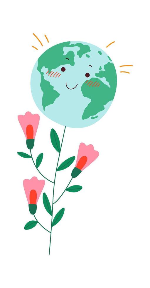 Cartoon earth with flowers flat icon vector