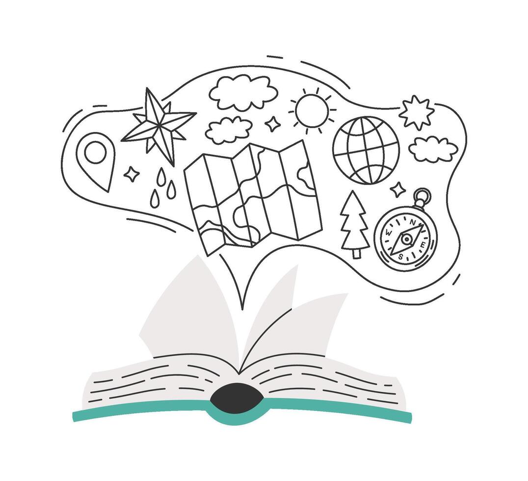 Open geographical lesson book with flying elements flat icon vector